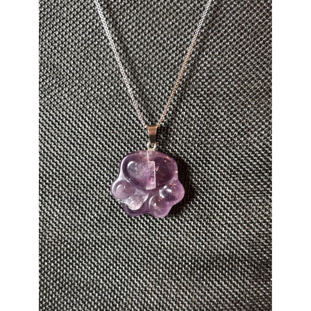 Amethyst Paw Print Crystal Pendant Necklace Stainless Steel Box Chain Purple